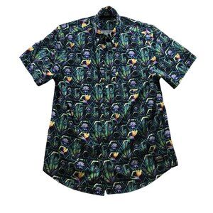 WESC Men's Hawaiian Shirt Large Short Sleeve Button Up Black Tropical Floral Y2K